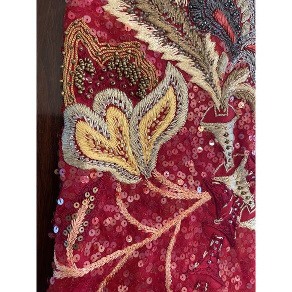 VTG Megan Park England Red Embroidered Silk Beaded Scarf Shawl Barneys NY Luxe - Picture 8 of 11